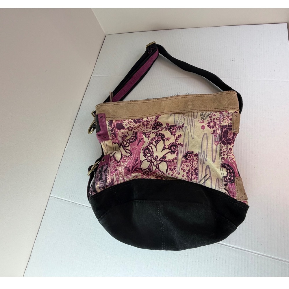 Lucky Brand Pink Floral Beige Black Leather Canvas Hobo Bag Adjustable Strap Zip